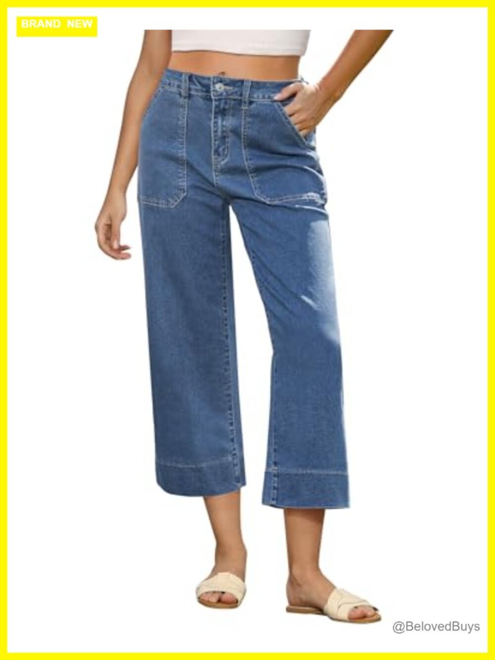 High Waisted Wide Leg Capri Jeans Stretchy Cropped Denim Pants